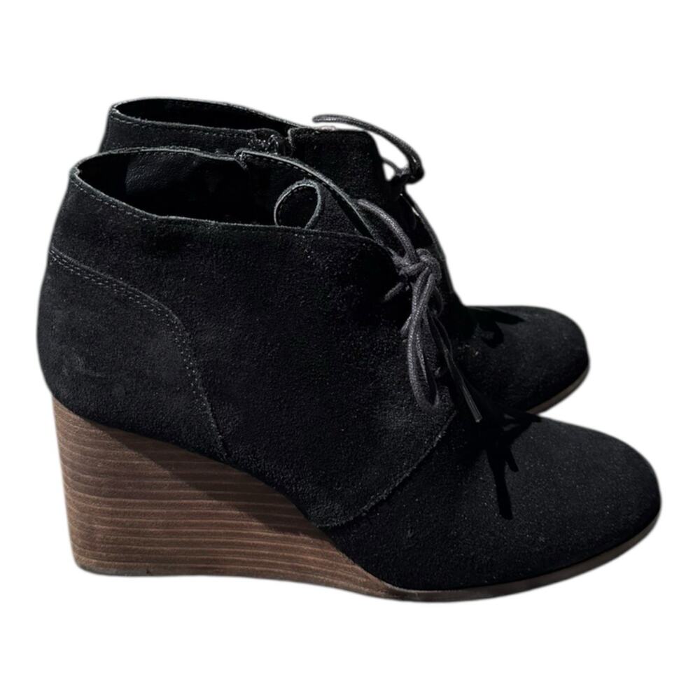 Lucky Brand Shylow Black Wedge Booties Size 10M Laces Zipper Leather Shoes Suede